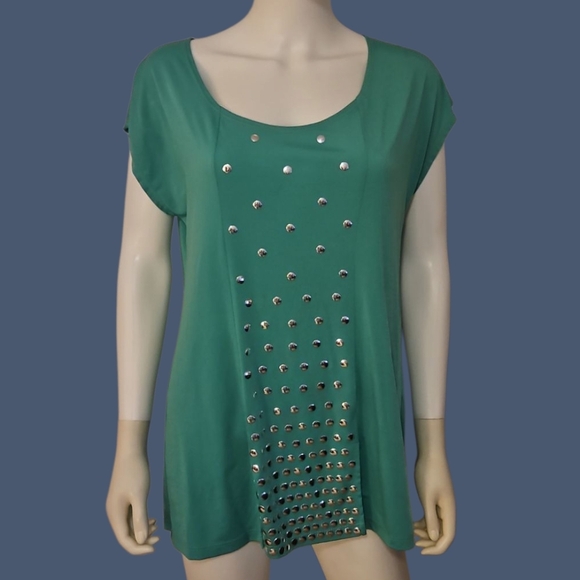 SLINKY BRAND 1990s Green Studded Scoop Neck Short Sleeve Top - Picture 1 of 8